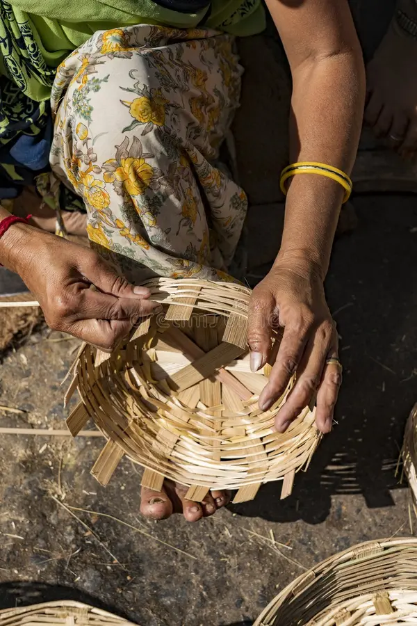 indian-woman-weaving-traditional-bamboo-basket-hand-close-up-high-angle-view-artisan-female-hands-carefully-weaving-458786116